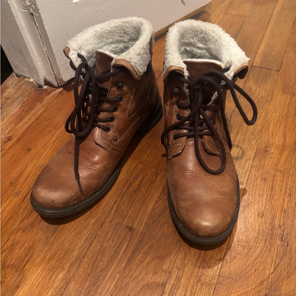 Call It Spring Brown Lace-Up Boots with Faux Fur Lining